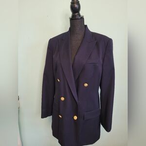 VTG Talbots Women Sz 12 Navy Wool Gold Button Double Breasted  Blazer USA EUC